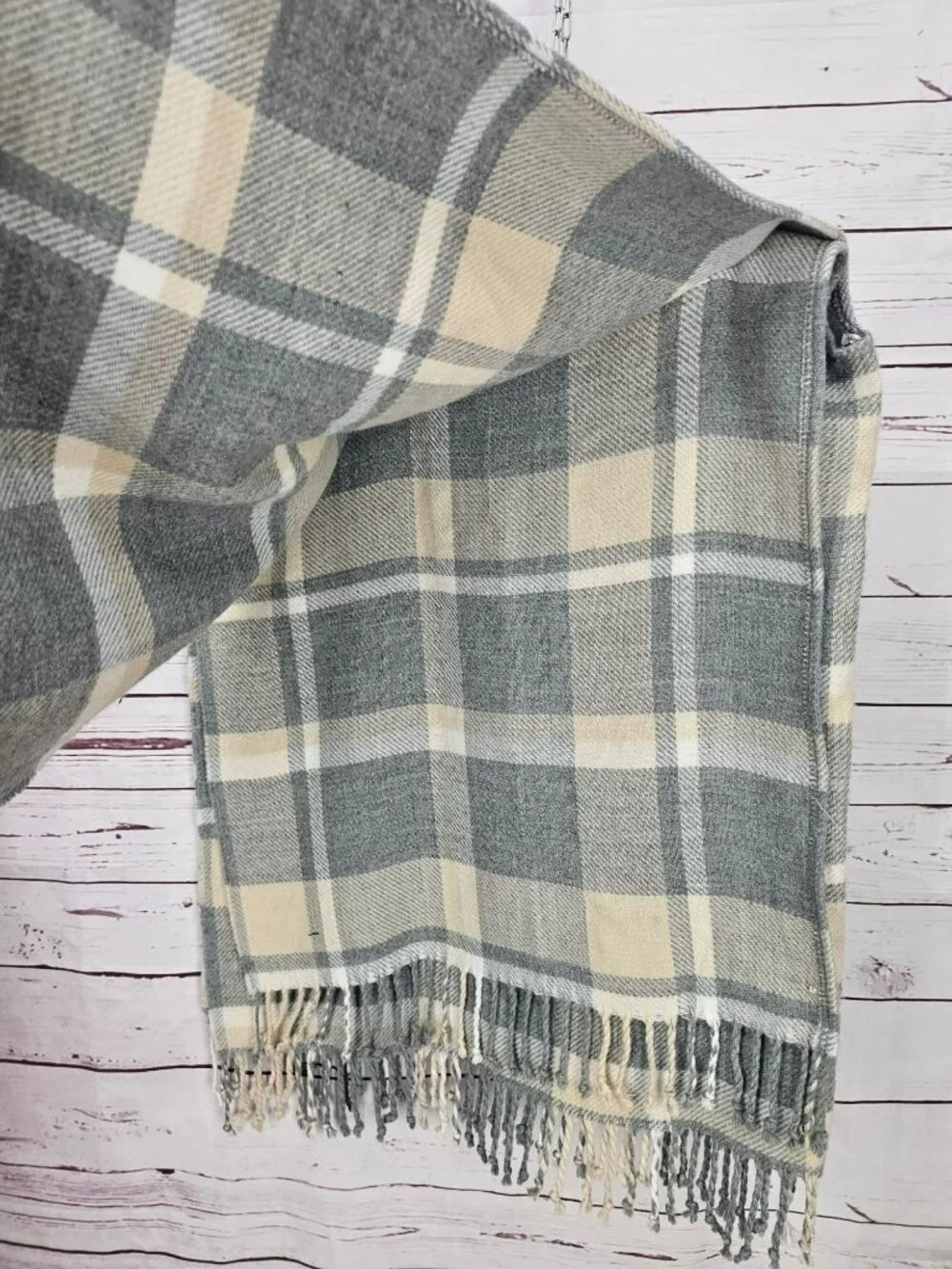 Abercrombie & Fitch Gray & Cream Plaid Fringe Wrap Shawl Scarf